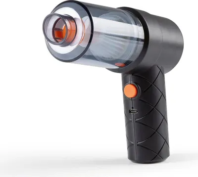 A black and orange handheld vacuum cleaner is shown against a white background.