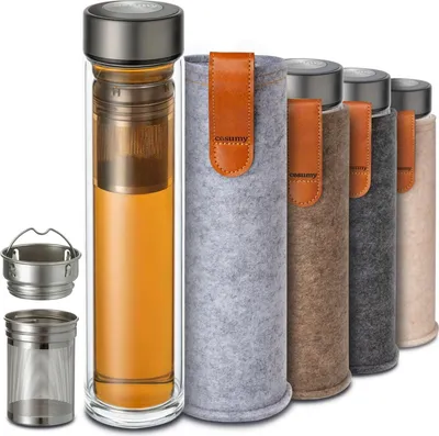 Produktbild von Teeflasche mit Sieb to Go 500ml - Doppelwandiges Glas mit Filztasche - Hitzebeständig - Auslaufsicher - Spülmaschinenfest