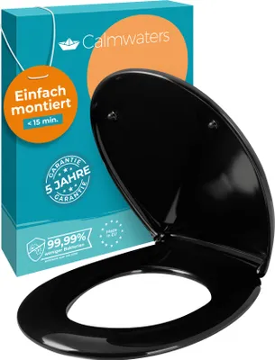 Produktbild von Calmwaters® Premium Toilettendeckel Schwarz einfache Montage, WC Sitz bis 250 kg,  EU, antibakterieller Duroplast, doppelte Absenkautomatik, 2 Montage Optionen, abnehmbar, Klobrille, oval