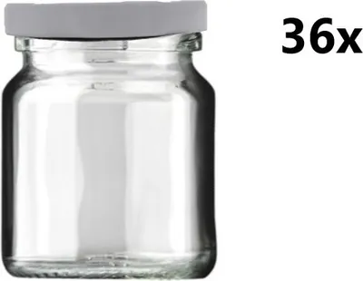 A clear glass jar with a white lid is shown against a white background. The number "36x" is visible to the right of the jar.