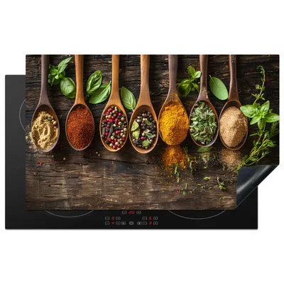 Obrázok produktu pre KitchenYeah® Kryt na sporák lyžica - bylinky - korenie - drevo, 85x52cm, kuchynská dekorácia, keramický kryt na varnú dosku, krycia doska na varnú dosku