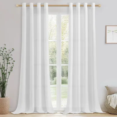 Produktbild von Gardinen 2er Set, 300x140 cm, Leinenoptik, halbtransparent, weiß, mit Ösen, für Wohnzimmer