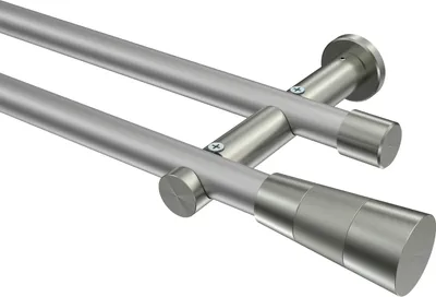 Produktbild von Interdeco Gardinenstange / Vorhangstange Silbergrau / Edelstahl-Optik, Typ Platon Tanara (Konus) ohne Ringe, 20 mm Ø 2-läufig, 180 cm