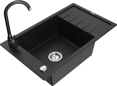 Produktbild von Mexen Elias 1 Becken-Granitspüle mit Abtropffläche und Mischbatterie Telma, Schwarz - 6511-77-670200-70