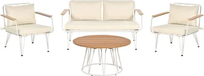 Produktbild von BELIANI Lounge Set Weiß Stahl und Kunstholz 4-teilig für 4 Personen mit Auflagen Beige Stoff 2er Sofa 2 Sessel Couchtisch Outdoor Terrasse Garten