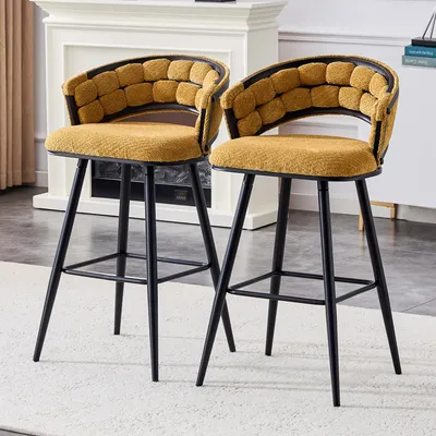 Produktbild von Barhocker 2er Set gelber Samt Tresenhocker mit geflochtener Rückenlehne schwarzes Eisengestell moderne Barstühle für Kücheninsel & Hausbar