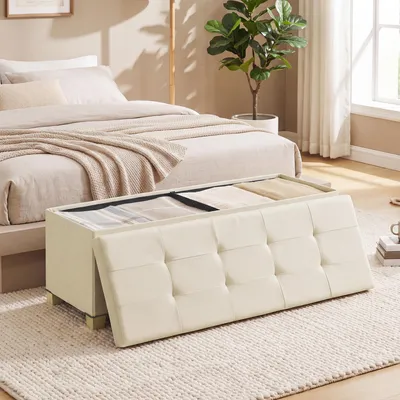 Produktbild von SONGMICS Sitzbank mit Stauraum, faltbare Sitztruhe mit Klappdeckel, Schlafzimmer Wohnzimmer, Leinenoptik, 110 cm, grau