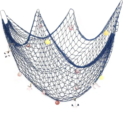 Imagen del producto de Red de pesca decorativa con conchas, de 150x200 cm, color azul, ideal para decorar paredes