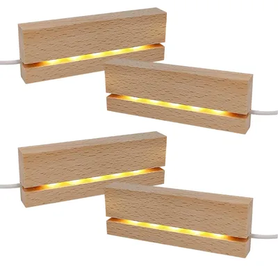 Produktbild von Beleuchteter Holzsockel - Für 3 mm Acryl- und Glasplatten - LED-Basis mit warmem Licht - Gelb, 4 Stück