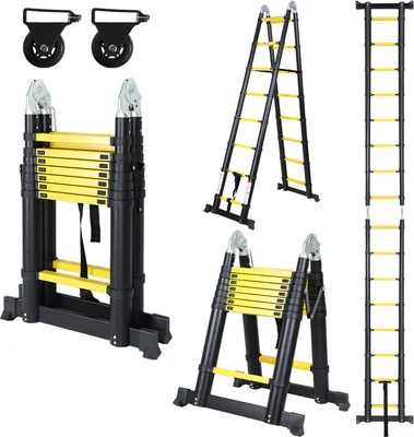 Produktbild von Jopassy teleskopický rebrík výsuvný rebrík skladací rebrík stabilný hliníkový rebrík do 150 kg 2,5m+2,5m čierny+žltý bez hákov So stabilizátorom S kolieskami