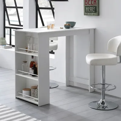 A white bar table with integrated shelving and two white bar stools in a modern room setting.