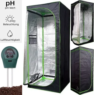 A collage of images showing a grow tent and a plant moisture meter, with text overlays indicating pH, lighting, and humidity.