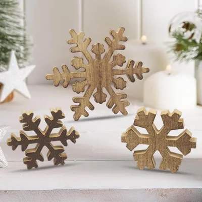 Holz Schneeflocken 3er Set, Weihnachtsdeko, 15/10/9 cm