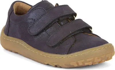 A single blue shoe with two velcro straps and a brown sole, shown from a side-diagonal angle on a white background.