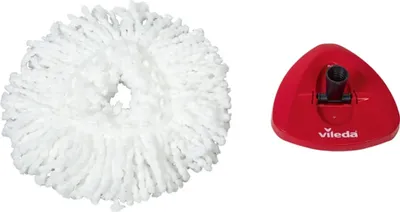 A white mop head and a red mop head base are shown side-by-side on a white background.