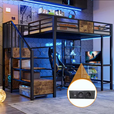 Immagine prodotto di Letto a castello Flieks 140x200 cm con scrivania e presa elettrica, letto a soppalco con scaletta e barra di sostegno, lettino per bambini e letto per ragazzi con protezione anticaduta, nero