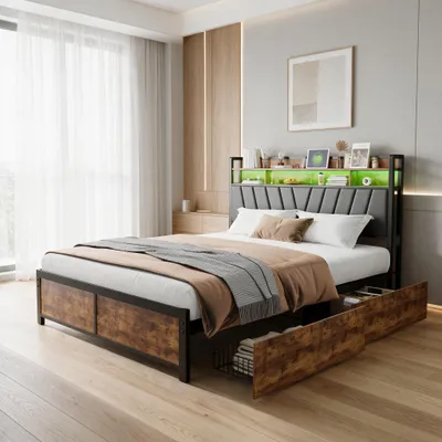 Obrázek produktu pro Postel INONEFT, rozměr 140x200 cm, čalouněná, s LED osvětlením a funkcí USB nabíjení, kovová konstrukce s čelem postele, úložný prostor, 4 zásuvky, materiál: PU, barva: černá, bez matrace