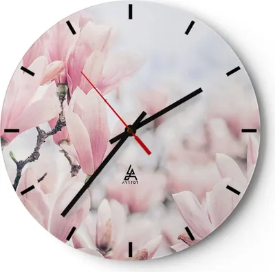 Produktbild von Wanduhr - Rund - Glasuhr - Magnolie Blumen Rosa - 30x30cm - Schleichendes Uhrwerk - Lautlos - zum Aufhängen bereit - Dekoration Modern - Wanddekoration aus Glas - C3AR30x30-4396