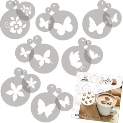 Produktbild von Kaffee Schablonen und Kekse Dekoration 14 Stück 7x7 cm und 11x11 cm, Wiederverwendbare Plastik Backen Vorlage, Schmetterlinge, DIY