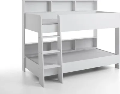 Produktbild von Relita Etagenbett SWAY mit 2 x Liegeflächen 90x200 cm, inkl. Bodenplatte und Regalen, Ausführung Spanplatte weiß Nachbildung