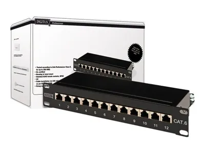 Zdjęcie produktu dla Digitus Panel krosowy (patch panel) 10'' 12x RJ45, LSA poziom, kat.6, ekranowany, 1U, czarny, prowadnica kabli, RJ-45, Montaż półkowy, 1U, Czarny, Stal galwanizowana, SECC, 280 mm