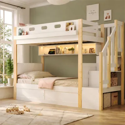 Produktbild von MODFU Etagenbett 90×200+90×200 Kinderbett mit hydraulischem Stauraum,Hochbett mit Stauraumtreppe & LED-Lichtleiste, Jugendbett aus Holz mit PolyurethanKopfteil, Weiß/Natur(ohne Matratze)
