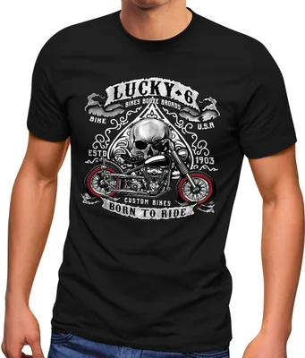 Produktbild von Herren T-Shirt Biker Shirt Lucky 6 Totenkopf Pik Motorrad Shopper USA Moonworks® schwarz 5XL