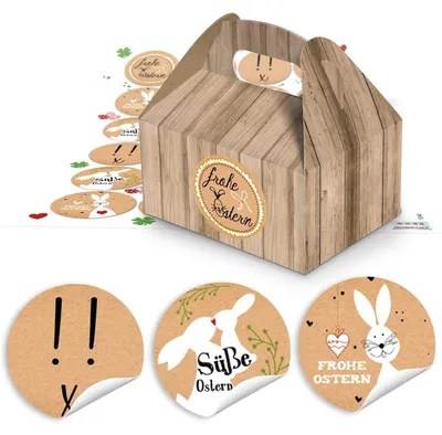 Produktbild von 10 kleine Geschenkboxen Geschenk Schachteln Kartons Holz Optik braun 9 x 12 x 6 cm + 24 runde Aufkleber 4 cm Kraftpapier Frohe Ostern Sticker Verpackung schwarz weiß braun