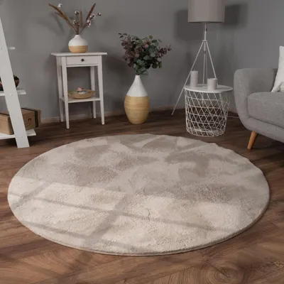 Produktbild von Teppich Kurzflor waschbar Einfarbig Wohnzimmer schmutzabweisend Beige Rund 120D | 100% Polyester | Florhöhe: 10 mm | Maschinenwäsche, pflegeleicht