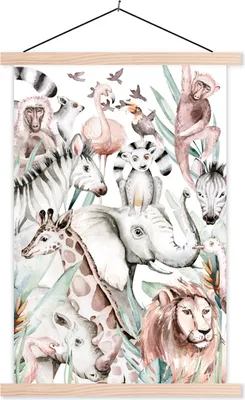 Produktbild von MuchoWow® Textilposter Aquarelle - Tiere - Dschungel - Pastell - Jungen - Mädchen - Kinder - Kinder 120x180 cm mit holzfarbenen Rahmen - Textil-Plakat