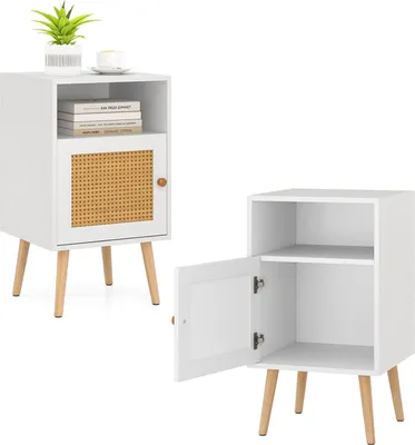 Zdjęcie produktu dla KOMFOTTEU drewniany stolik nocny, szafka nocna z rattanowymi drzwiczkami i sosnowymi nogami, stolik nocny z szafką i otwartą półką, komoda nocna do sypialni, salonu, 40 x 39 x 70 cm (biały, 2 szt.)
