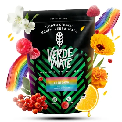 Produktbild von Verde Mate - Mate Tee Rainbow 400g - Dicke Blätter 5mm, Luftgetrocknet - Fruchtige Himbeere & Orange - Mild - Ohne Bitterkeit - Yerba Mate Brasilien