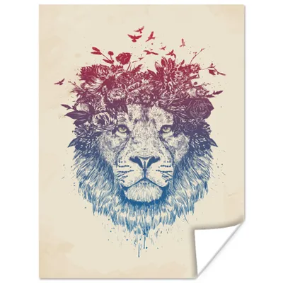 Produktbild von MuchoWow® Poster Löwe - Blumen - Vögel - Natur 120x160 cm - Wandbilder