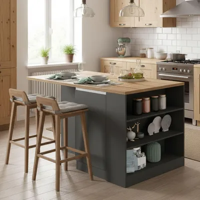 Immagine prodotto di Dmora Isola da Cucina Abern 90x160x90h cm Nero Antracite, Modulabile 7 Vani  Italy