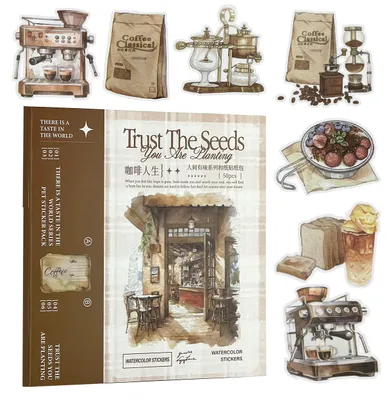 Produktbild von Scrapbook Stickerbuch - 50 Blatt Kaffee Washi Sticker Set - Zubehör für Fotoalbum und Bullet Journal - Kaffee-Design