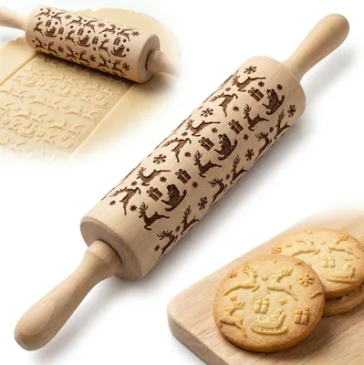 Image de ROULEAU à pâtisserie EN BOIS avec GRAVURE DE NOËL, 38 cm, pour la cuisine, MOTIF RENNE