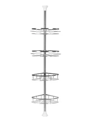 Zdjęcie produktu dla Półka pod prysznic na teleskopowych wysuwach - narożna półka pod prysznic - stal nierdzewna - 4 koszyki - regulowana wysokość 110–280 cm - wolnostojąca półka - srebrna