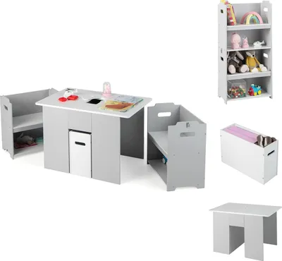 Produktbild von GOPLUS 3 TLG. Kindersitzgruppe aus Holz, 4-in-1 Kindermöbel Set mit Mehreren Ablageflächen & ausziehbare Aufbewahrungsbox, für Kinder ab 3 Jahren