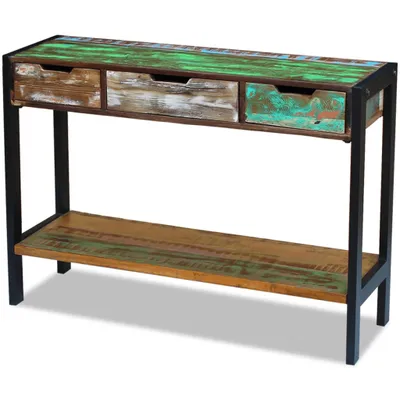 A studio shot of a wooden console table with three drawers and a lower shelf.