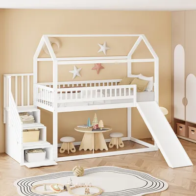 Productafbeelding van Stapelbed 90x200 cm, met opbergruimte, met ladder, met lattenbodem, geschikt voor kinderkamers en tienerkamers, slaapkamers en logeerkamers, wit