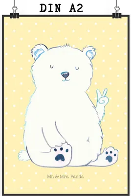 Produktbild von Mr. & Mrs. Panda Bild Eisbär Faul DIN A2 - Gelb Pastell - Geschenk, Teddy, Arbeit, Bär, Nordpol, Homeoffice, Entspannen, wanddeko, Wandbild, drucke, Kunstdruck, wandkunst