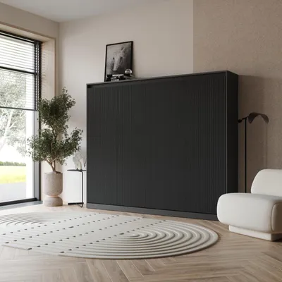 A modern bedroom with a large, dark, ribbed cabinet bed against a textured wall, a round rug on the floor, and a plant by the window.
