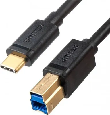 A close-up shot of a USB-C to USB-B 3.0 printer cable.