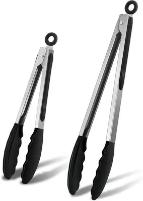 Image de Lot de 2 pinces à barbecue, acier inoxydable, silicone, 33,5 cm, résistantes à la chaleur, noires