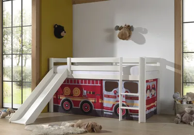 Produktbild von Vipack Halbhohes Bett PINO, mit Rutsche und Textilset "FIRE RESCUE", Ausf. Kiefer massiv weiß lackiert