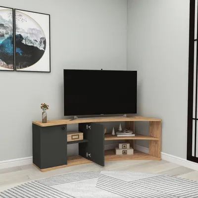 Image de Roisan - Meuble TV, 135x68x49h cm Noir Anthracite, 2 Étagères