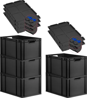 Produktbild von SuperSparSet 5x Eurobox NextGen Grip mit Scharnierdeckel und blauen Schiebeschnappverschlüssen | HxBxT 32x40x60cm | 65 Liter | Schwarz | Griffe offen | Verstärkter Boden | Eurobehälter, Transportbox, Transportbehälter, Stapelbehälter