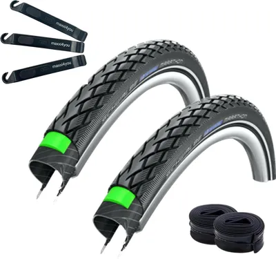 Produktbild von 2 x Schwalbe Marathon Green Guard Fahrradreifen in Schwarz Reflex 47-559 (26 x 1,75) + 2 Schwalbe Schläuche DV13 inkl. maxxi4you Reifenheber