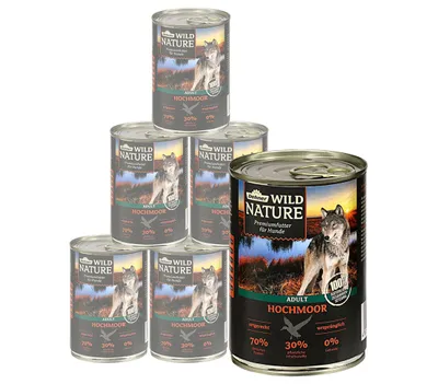 Produktbild von Dehner Wild Nature Hundefutter Hochmoor, Nassfutter getreidefrei / zuckerfrei, für ausgewachsene Hunde, Ente, 6 x 400 g Dose (2.4 kg)