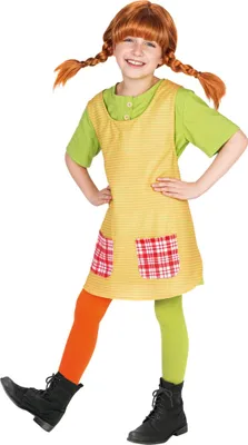 A young girl dressed as Pippi Longstocking, posing against a white background.